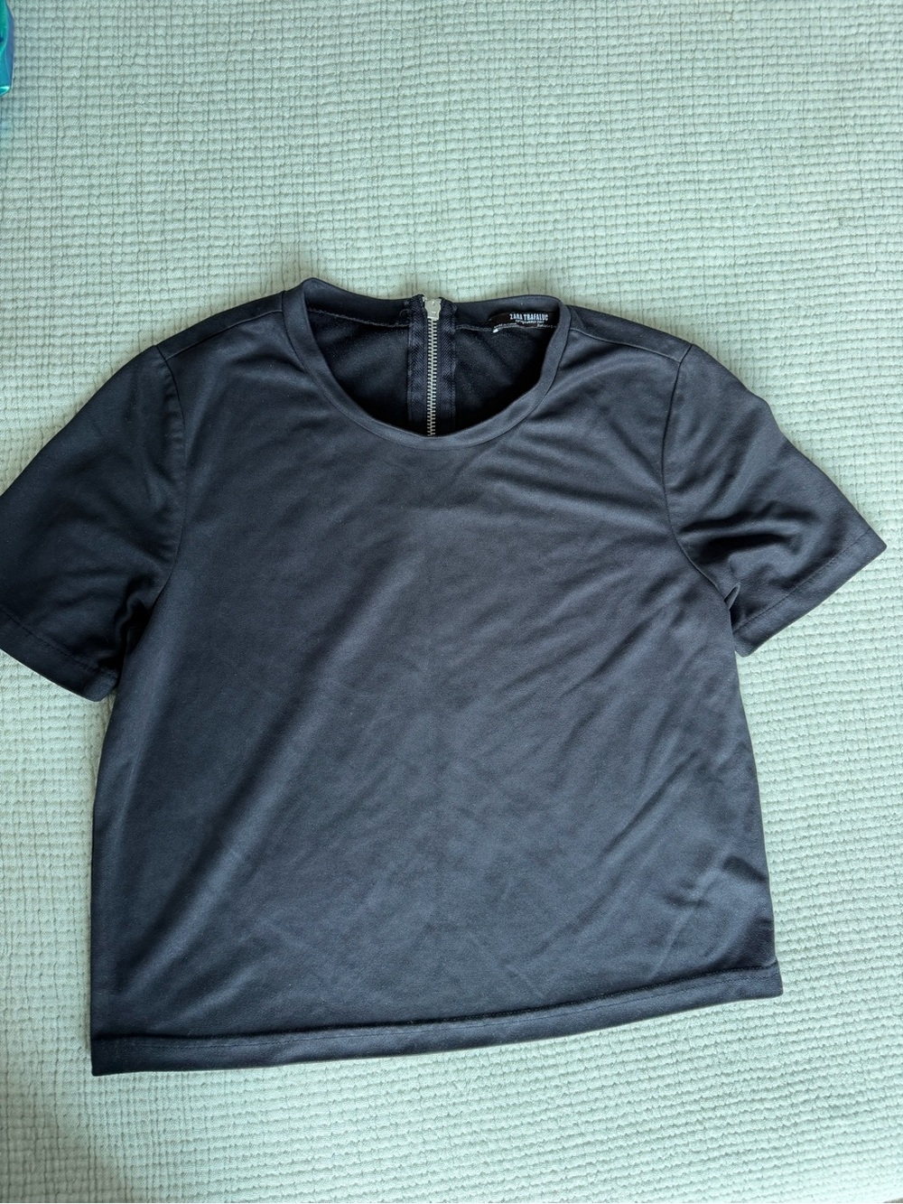 Zara Black Suede Look Short Sleeve Tee with Exposed Back Zip